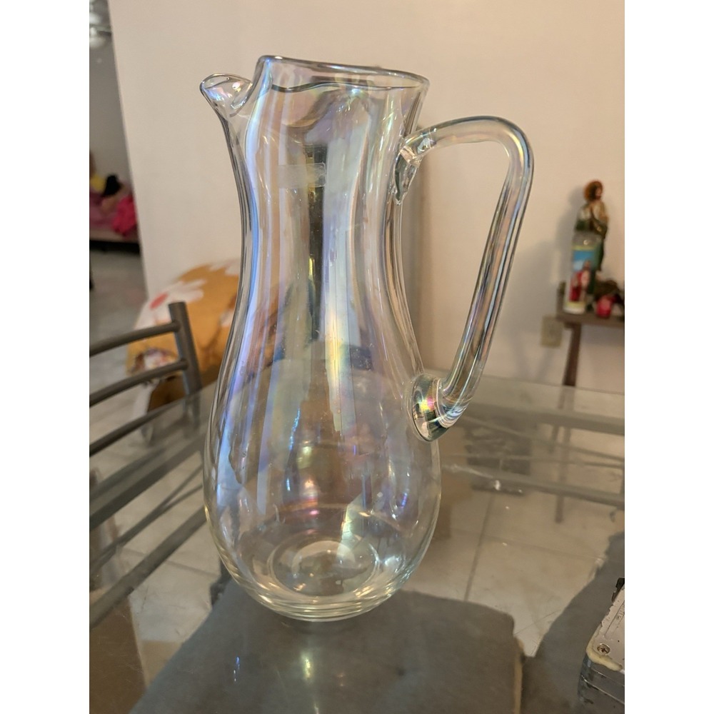 VTG Iridescent Clear Glass Pitcher Rainbow Luster Finish Handled Vase 11.5"